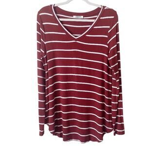 Zenana | Long Sleeve Striped Tunic Top Shirt V-neck Rusty Red White Small